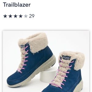 Skechers navy blue, tan trim and pink laces in a fun cozy bootie